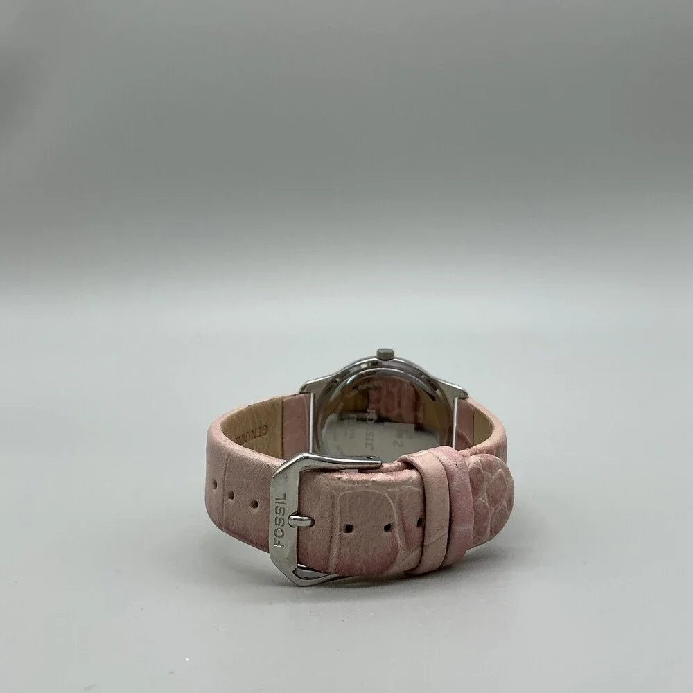Fossil F2 ES-1350 Womens Watch 33mm Silver Heart Dial Pink Leather New Battery